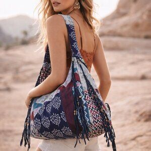 Free People x Brenda Knight Road Trippin Fringed Beaded Shoulder Bag Blue Multi